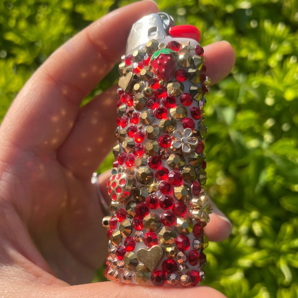 HANDMADE Y2K Golden Strawberries Bedazzled Lighter